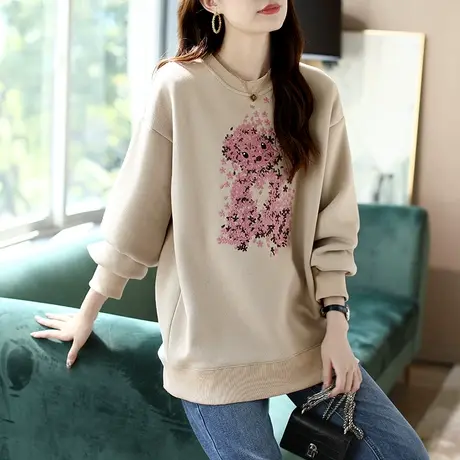 宝诗黎刺绣撞色上衣长袖休闲时尚春装2024圆领慵懒卫衣潮新款宽松商品大图