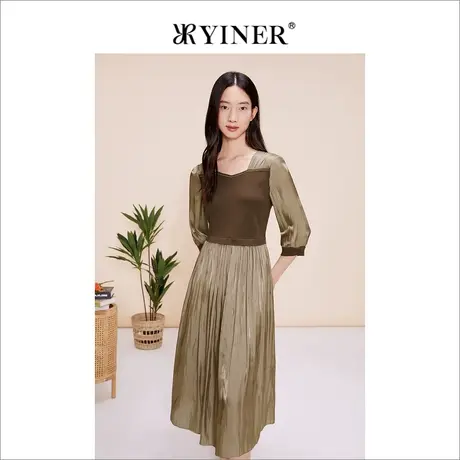 YINER音儿女装夏季法式优雅方领针织蚕丝茶歇连衣裙商品大图