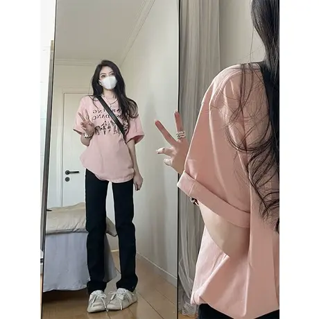 粉色短袖t恤女夏季2023新款oversize美式复古高街设计感半袖上衣图片