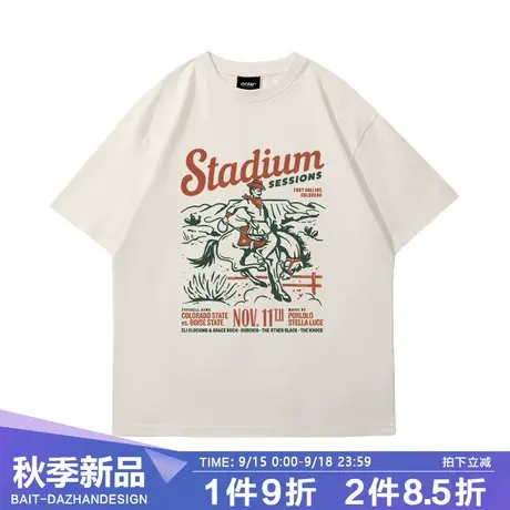 2023夏美式复古vintage西部牛仔骑马重磅宽松休闲纯棉男女款短袖T商品大图