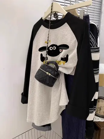 撞色插肩袖纯棉圆领长袖t恤女秋冬内搭宽松小众设计感打底衫上衣商品大图