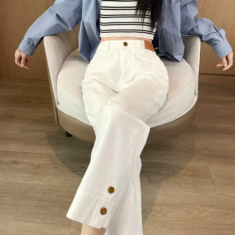 白色直筒牛仔裤女春秋2024年新款高腰显瘦八分小个子九分烟管裤子图片