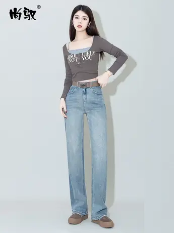 蓝色弹力高腰牛仔直筒裤女2024年春新款休闲拖地裤显高显瘦阔腿裤图片