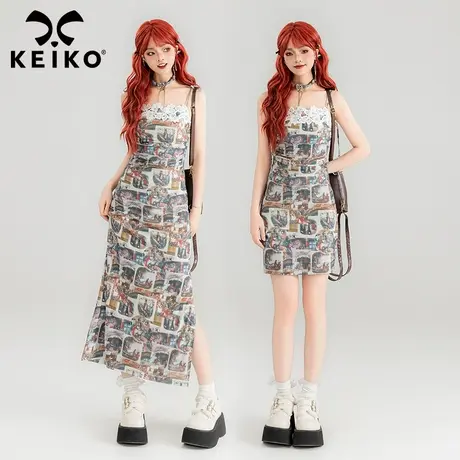 KEIKO 画报风印花吊带连衣裙24夏季甜辣妹蕾丝拼接包臀长短裙子商品大图