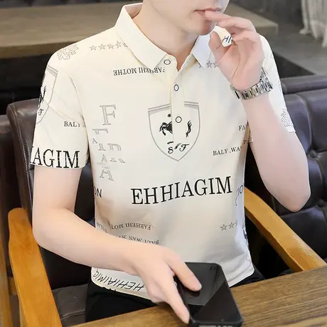 polo衫男士休闲2024年夏季新款翻领短袖T恤青年印花夏装衣服薄款商品大图