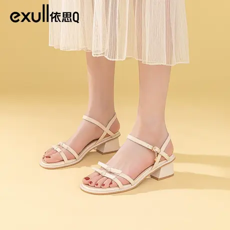 依思q凉鞋女款2023新款夏季女鞋子一字带粗跟时尚精致高跟鞋夏款图片