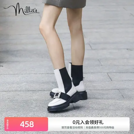 millie's妙丽冬新款牛皮时尚方钻扣烟囱切尔西女短靴93102DZ2商品大图