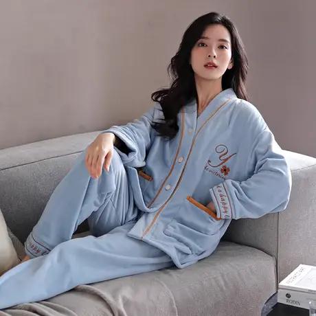 婷美秋冬季法兰绒睡衣女士新款珊瑚绒加绒加厚开衫套装冬款家居服商品大图