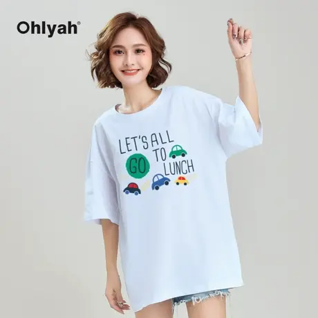 Ohlyah品牌 港风洋气印花纯棉短袖t恤女白色上衣服打底衫学生体恤商品大图