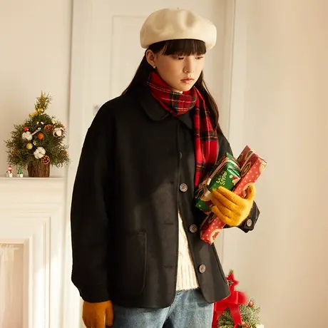 omont蛋挞家 黑色双面呢羊毛大衣女冬2023新款短款小个子毛呢外套图片