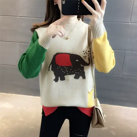2023新款文艺拼色圆领针织衫秋季宽松口袋卡通印花套头衫毛衣女图片