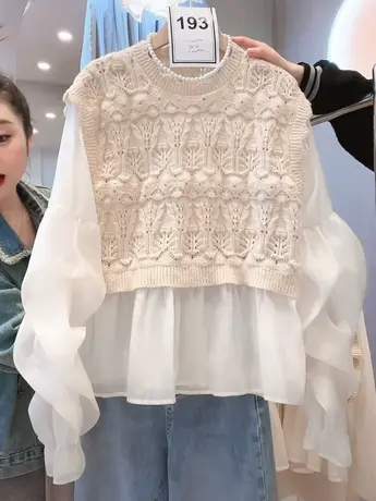 今年流行爆款上衣韩版宽松显瘦甜美遮肚假两件拼接百搭仙女针织衫图片