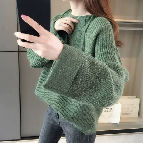 连帽针织衫女秋冬套头短款长袖上衣韩版宽松亮丝毛衣学生外穿慵懒图片