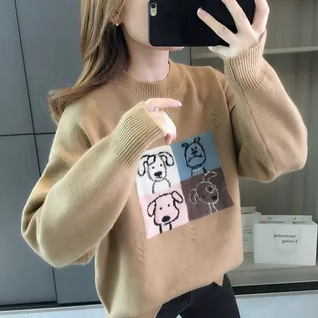 半高领毛衣女装秋冬新款套头卡通慵懒宽松针织衫学院风上衣打底衫商品大图