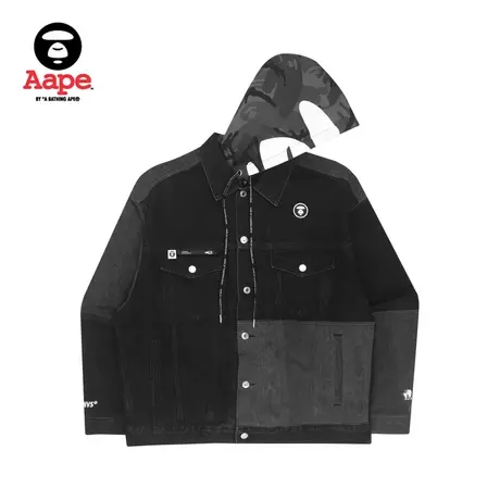 Aape旗舰店男装秋冬猿颜多色拼接迷彩抽绳连帽牛仔外套7498XXI图片