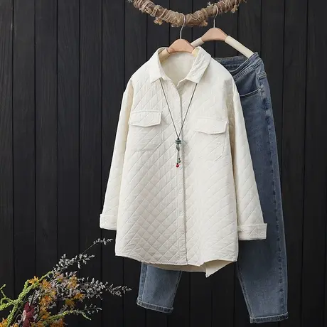 菱形格夹棉衬衫女秋冬季2022新品纯色宽松显瘦休闲长袖薄外套上衣图片