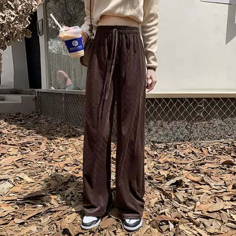 综咖色棋盘格阔腿裤女2022秋冬新款高腰垂感直筒长裤金丝绒拖地裤图片