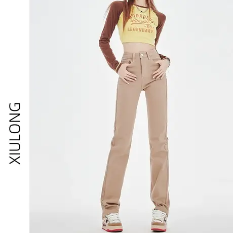 卡其色窄版高腰直筒牛仔裤女春秋2023年新款显瘦宽松阔腿烟管裤子商品大图
