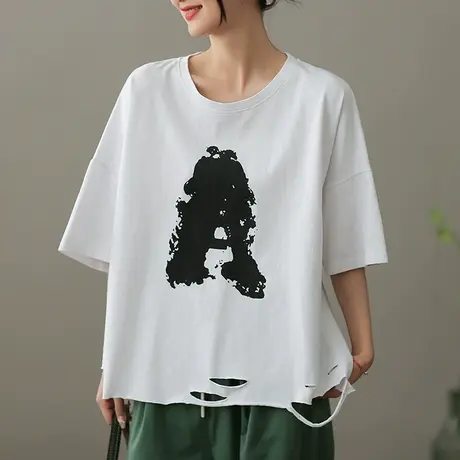 dza文艺复古破洞纯棉T恤女2023夏季圆领短袖体恤宽松显瘦打底上衣商品大图