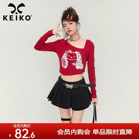 KEIKO印花修身长袖T恤女短款2023早秋新款辣妹风美式街头红色上衣图片
