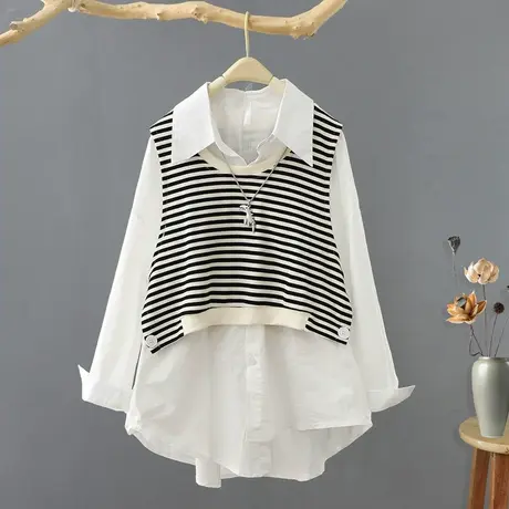 春装新品设计感小众条纹马夹衬衫两件套装女韩范宽松上衣ins潮图片