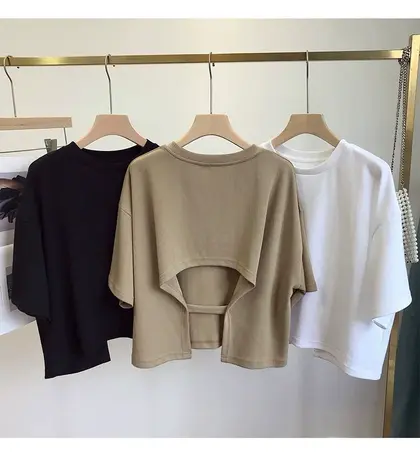 2023年新款夏季女装港味小众短款短袖上衣性感别致纯欲露背T恤ins商品大图