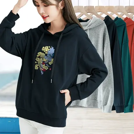 春秋季新款印花连帽卫衣女宽松显瘦套头长袖打底衫 简约百搭上衣商品大图