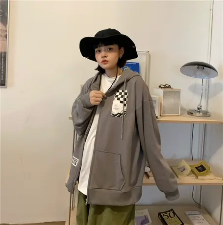 红续韩版复古慵懒风宽松连帽卫衣开衫拉链外套女2023秋冬新款上衣图片