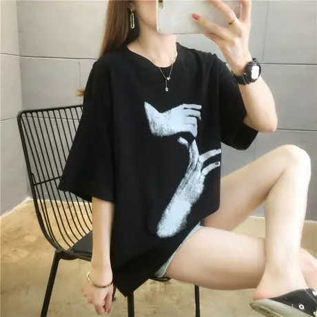 欧美潮牌t恤女短袖2023年新款宽松上衣ins潮黑色涂鸦半袖打底衫商品大图