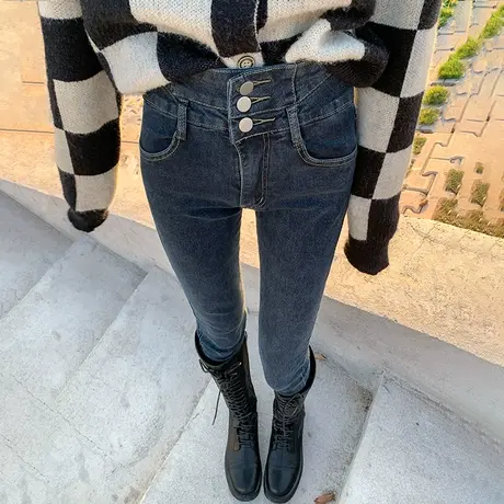 高腰加绒牛仔裤女2023年新款秋冬春秋显瘦显高排扣紧身小脚裤子潮商品大图