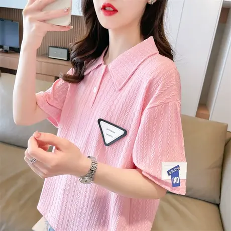 小众设计感娃娃领短袖t恤女夏季韩版宽松大码翻领polo衫提花上衣商品大图