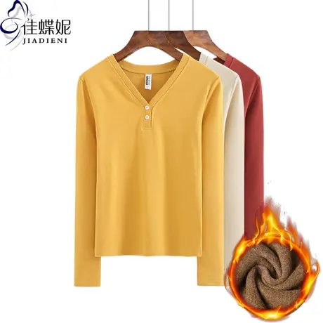 秋冬新款V领加绒加厚保暖修身长袖体恤上衣打底内搭韩版女装T恤商品大图