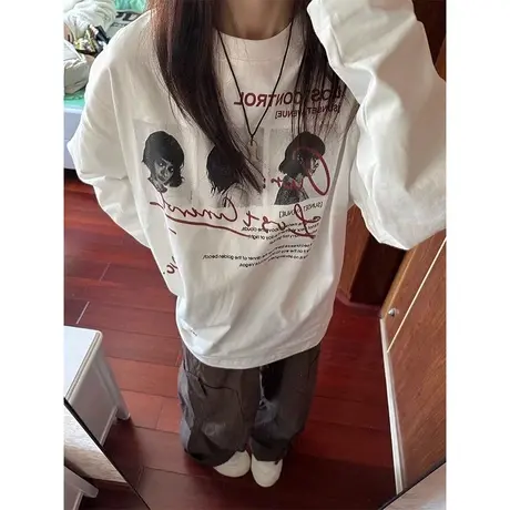 纯棉长袖t恤女秋季2023新款小众设计感宽松圆领内搭打底衫上衣ins商品大图