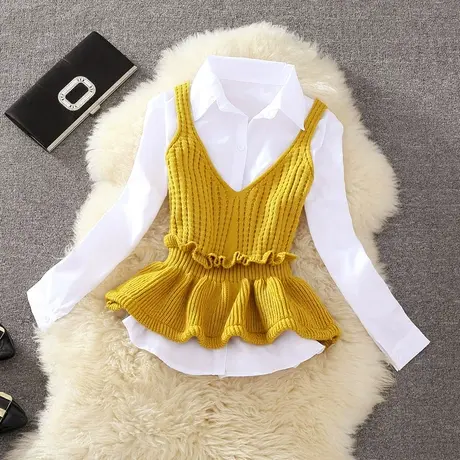 麦田姑娘2021春装新款女两件套韩版加绒针织吊带马甲配翻领衬衫套图片