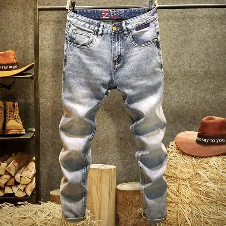 春季新款浅蓝色牛仔裤男款修身小脚裤2023高端刺绣休闲百搭长裤子商品大图