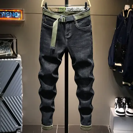 秋冬季百搭时尚黑色潮流牛仔裤男士修身直筒抓绒加厚个性腰头印花商品大图