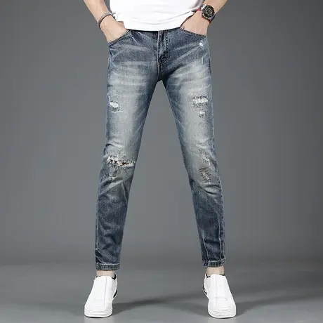 2023新款破洞牛仔裤男夏季薄款修身小脚裤韩版潮流男士休闲裤百搭商品大图