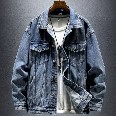 韩版潮流工装夹克男士2022冬季时尚新品宽松翻领休闲牛仔外套男装图片