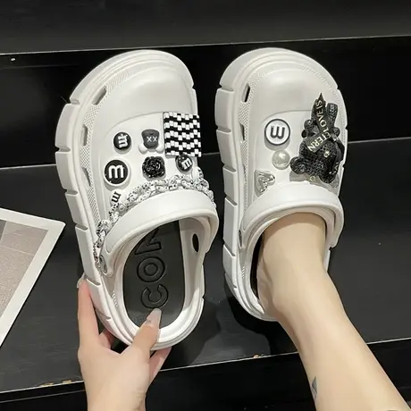 2023新款洞洞鞋女ins潮夏季外穿可爱小熊链条厚底高跟包头凉拖鞋商品大图