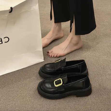 厚底乐福鞋女鞋子夏2024年新款春季一脚蹬平底单鞋爆款黑色小皮鞋商品大图