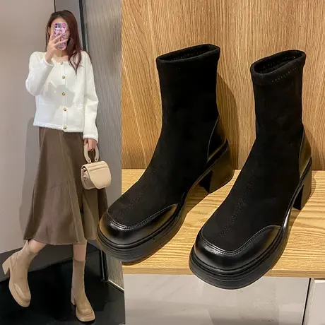 靴子女2023新款洋气韩系高级感小短靴高跟超火短靴弹力瘦瘦靴长筒图片