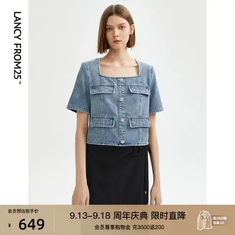 朗姿纯棉法式复古牛仔上衣高级感流行短袖衬衣女2023夏季新款衬衫图片