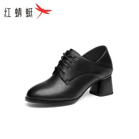 红蜻蜓粗跟妈妈单鞋2023秋季新款女鞋系带通勤软底皮鞋复古风裸靴商品大图