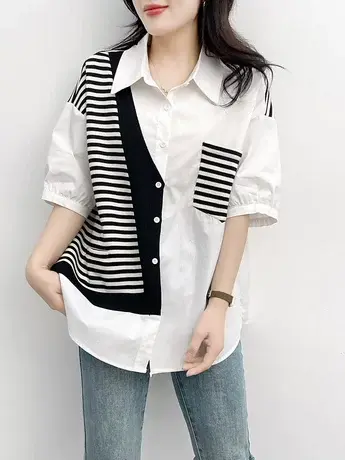 黑白拼色条纹衬衫女短袖宽松显瘦气质百搭简约薄款休闲衬衣上衣夏图片