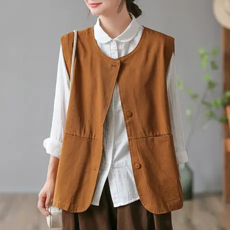 dza 复古纯色圆领工字马甲背心女士春秋外搭马夹休闲宽松显瘦上衣图片