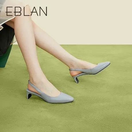 伊伴女鞋春夏时尚后空一字带包头气质粗跟单鞋通勤真皮百搭凉鞋女商品大图