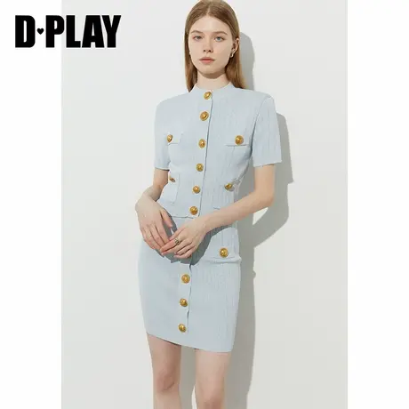 DPLAY2025年夏季新款蓝色针织衫女气质修身上衣半身裙套装两件套商品大图