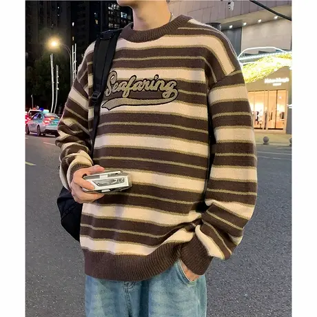 唐狮条纹毛衣男生秋冬新款圆领复古日系休闲青少年潮流上衣图片