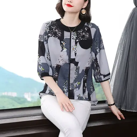 2023新款秋装印花雪纺衫女五分袖t恤中年妈妈宽松遮肚大码女上衣商品大图