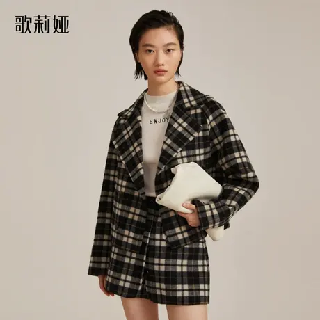 歌莉娅短款复古外套女秋冬新款气质通勤翻领格纹呢大衣11DJ6E0X0商品大图